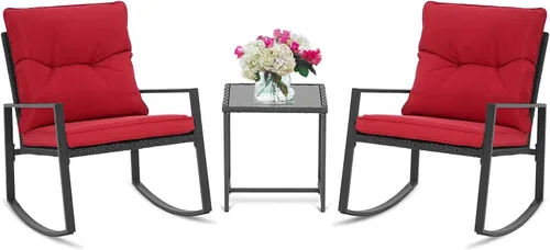 Vista 10 de SUNCROWN Juego de muebles de patio para exteriores, 3 piezas, mecedora de mimbre para todo tipo de clima, juegos de conversación con mesa de centro