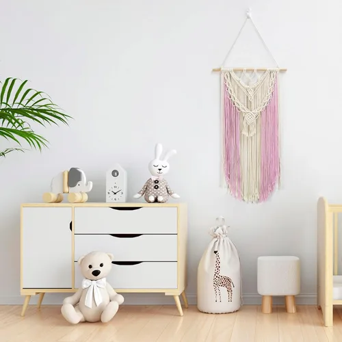 Vista 5 de LB Colgante de pared de macramé rosa, decoración de pared de macramé bohemio, borla rosa y beige, bohemio, tejido a mano, macramé, decoración