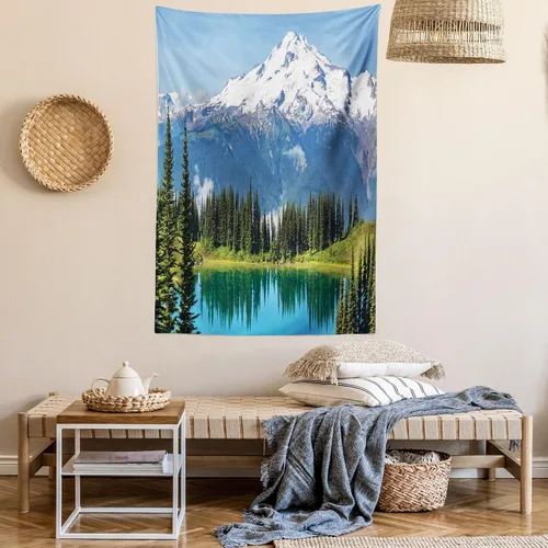 Vista 6 de Ambesonne Tapiz de paisaje, lago y pico glaciar nevado en Estados Unidos, ilustración de bosque de pinos altos, colgante de pared para dormitorio