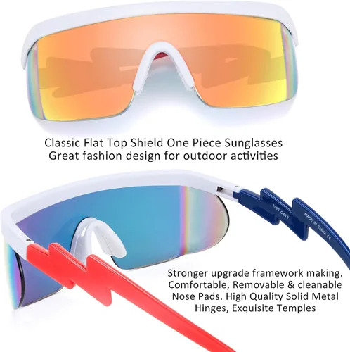 Vista 4 de FEISEDY Gafas de sol deportivas de los años 80 con escudo de espejo de gran tamaño gafas de esquí con parte superior plana visera futurista