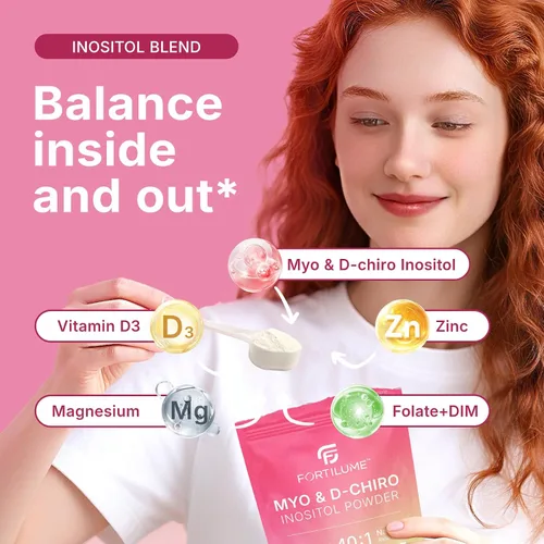 Vista 3 de Myo & D-Chiro - Polvo de inositol en polvo 40:1 para equilibrio hormonal de las mujeres y apoyo ovárico, con folato, DIM, zinc, glicinato