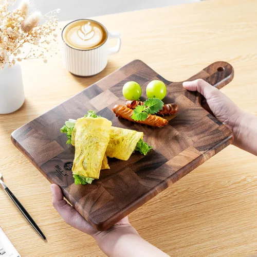 Vista 5 de Tabla de cortar de grano final con mango para carne, tabla de queso, verduras, pan, tabla de servir de madera decorativa para cocina y comedor, 13 x