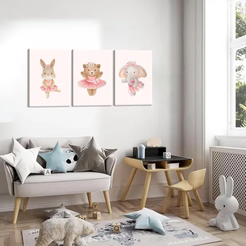 Vista 7 de 3 piezas de lienzo de animales de bailarina rosa, arte de pared, lindo elefante, conejo, oso, decoración de pared, imágenes de guardería, habitación