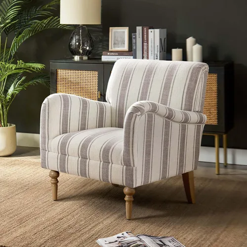 Vista 6 de HULALA HOME Silla decorativa moderna con brazos y patas de madera, cómodo sillón tapizado para dormitorio, sala de estar (patrón a cuadros, negro)