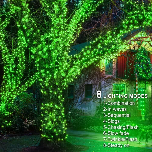 Vista 4 de kemooie 300 luces LED verdes de Navidad, 99 pies, 8 modos de parpadeo, enchufables, tira de luces de alambre verde, luces de Navidad impermeables