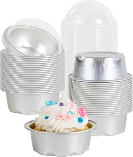 Vista 23 de Restaurantware Ramequines desechables de 4.2 onzas con tapas, 100 vasos desechables redondos de crema brulee, tapas de cúpula aptas para horno, Negro
