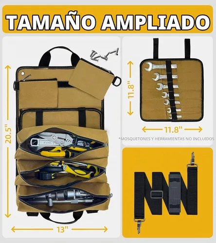Vista 4 de Organizador de bolsas enrollables para herramientas – Bolsa de herramientas enrollable portátil resistente con llave enrollable para mecánicos