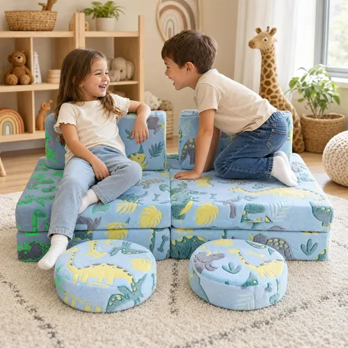 Vista 14 de Sofá modular para niños MeMoreCool – Sofá de dinosaurio de 8 piezas que brilla en la oscuridad para niños pequeños convertible en fuerte constructor