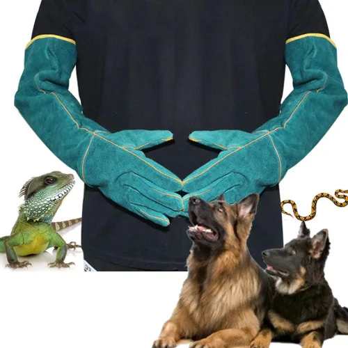 Vista 3 de Guantes antimordeduras, lona azul para entrenamiento de reptiles para mascotas, antimordeduras, alargan, guantes de protección de seguridad