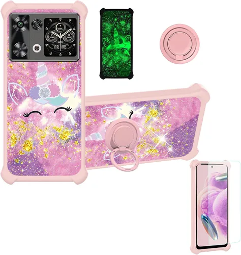 Vista 89 de jioeuinly Funda compatible con Oukitel P1 Pro con protector de pantalla de vidrio templado, policarbonato duro + silicona suave, soporte de anillo