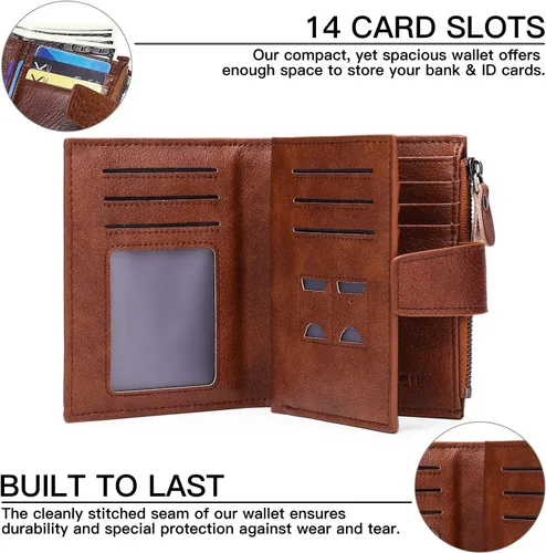 Vista 2 de FALAN MULE Billetera de cuero genuino suave con bloqueo RFID, plegable, elegante, con cremallera, bolsillo para monedas, con 4 ventanas