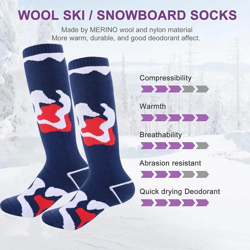 Vista 5 de Uyomal Calcetines de esquí de lana merino para niños 2 pares calcetines térmicos de invierno cálidos para snowboard para niños y niñas rojo azul