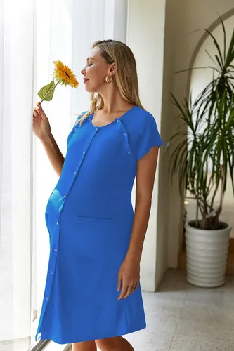 Vista 4 de Ekouaer Vestido de lactancia 3 en 1, camisón de maternidad, parto y lactancia materna con botón