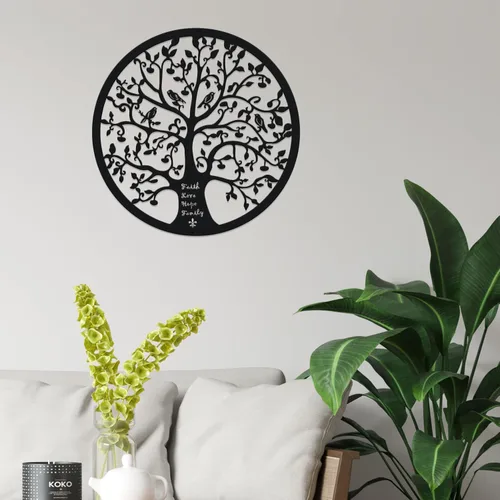 Vista 5 de ESTART Adorno de pared de 28 cm con diseño de árbol de la vida, escultura colgante de metal, placa familiar, decorativa para balcón, porche