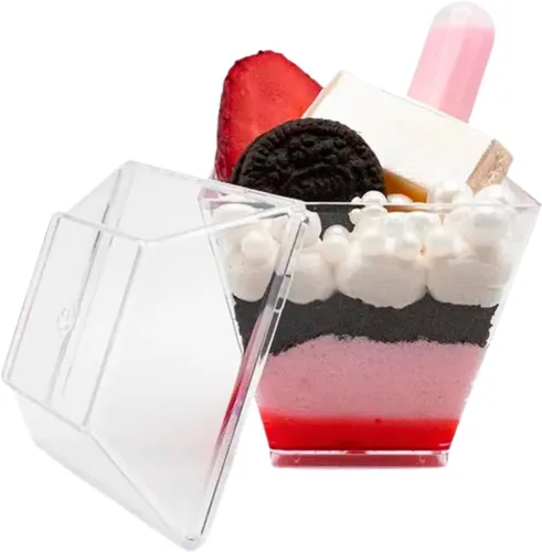Vista 12 de 50ct Mini 2oz Square Piramid Clear Plastic Postre Cups CMJJ