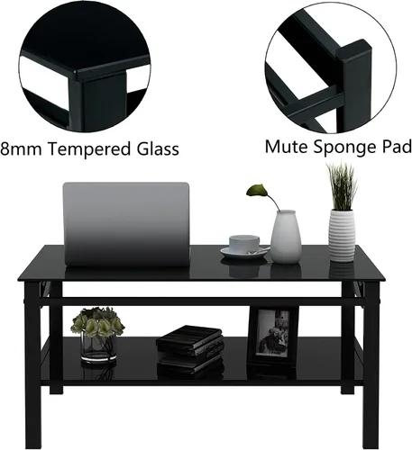 Vista 6 de Mesa de centro elevable con almacenamiento, mesas de centro modernas de vidrio negro para sala de estar, 37.8 pulgadas rectangular de vidrio