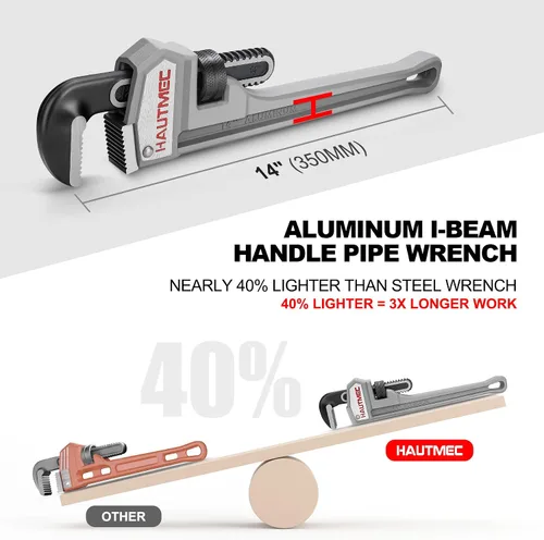 Vista 2 de HAUTMEC Llave de tubo recta de aluminio de 14 pulgadas, llave de fontanería ajustable, capacidad de mandíbula de 2 pulgadas, llave de tubería