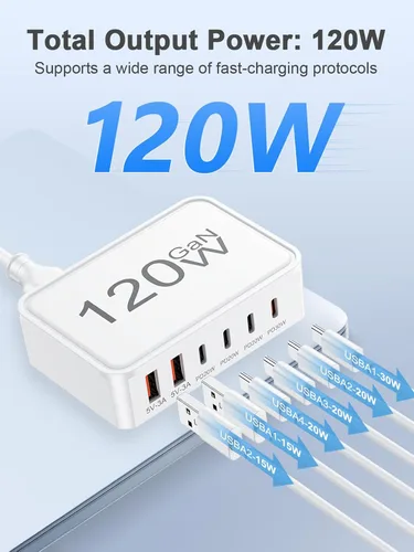 Vista 2 de Otovoda Bloque de cargador USB C de 120 W, estación de carga USB de 6 puertos para múltiples dispositivos, concentrador de carga múltiple