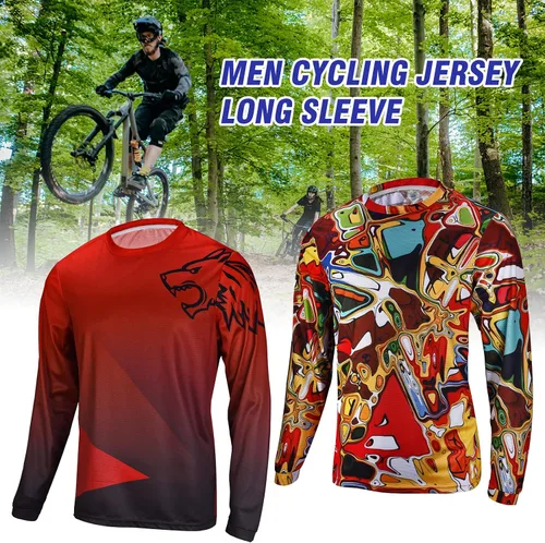 Vista 6 de Camisetas de ciclismo de montaña para hombre, manga larga, MTB Off-Road Motocross Jersey de secado rápido y absorbe la humedad