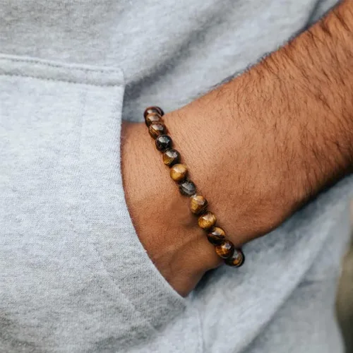 Vista 6 de RANKEEF - Pulsera de ojo de tigre para hombre, elástica, ajustable, cuentas de vidrio color negro, 516 de pulgada
