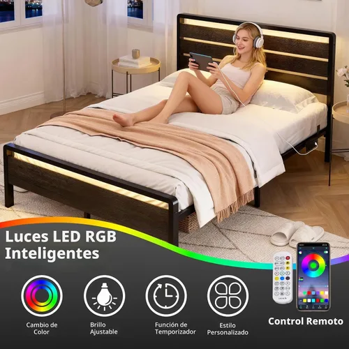 Vista 4 de VINGLI Base de cama de plataforma completa con espacio de almacenamiento debajo de la cama de 12 pulgadas, cabecero y estribo LED RGB, 2 puertos