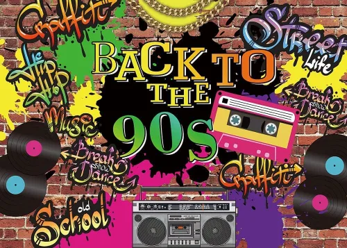 Vista 2 de Volver a los años 90 telón de fondo Hip Hop Graffiti pared de ladrillo Retro Moda Fotografía Fondo tema de los años 90 Aldult Niños Fiesta
