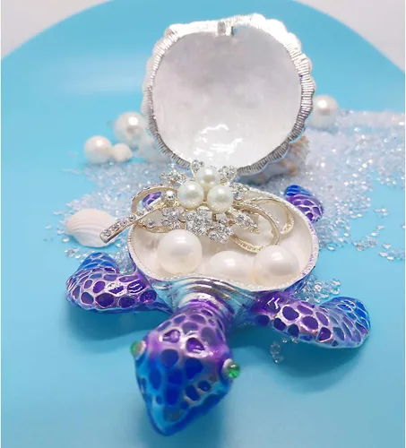 Vista 3 de YU FENG Caja de joyería de figura de tortuga marina con bisagras coleccionables de cristal con bisutería decorativa de tortuga de animales (morado)