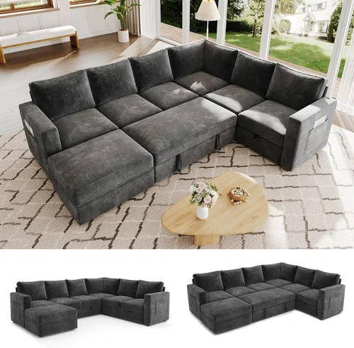 Vista 10 de Sofá modular de 85 pulgadas con cama extraíble, sofá modular de 5 asientos en forma de L con almacenamiento, sofás seccionales para sala de estar
