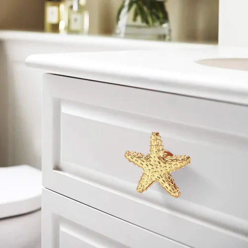Vista 3 de 4 tiradores de estrellas de mar, tiradores de estrellas de mar, asas doradas, diseño costero, playa, océano, tiradores de un solo agujero, manijas