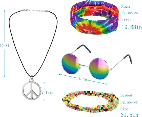 Vista 6 de Disfraz hippie para hombre Momen 60s 70s playera colorida 5 piezas accesorios para fiesta temática