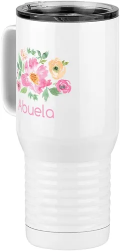 Vista 4 de Just So Posh Abuela Flowers Tumbler, Vaso de Café de Viaje con Asa y Tapa Deslizante, Blanco 20 oz Polar Camel, Acero Inoxidable, Aislado al Vacío