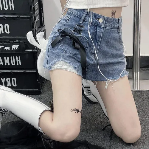 Vista 2 de ZLMuMulin Y2K Harajuku Style Kawaii Pastel Gothic Fashion High Waist Wide Leg Vintage Ribbon Ripped Jeans Shorts