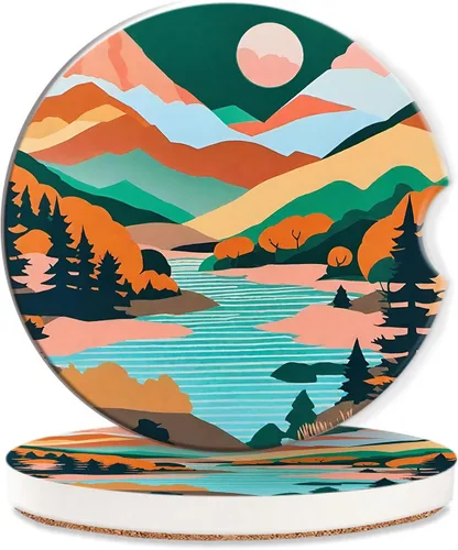 Vista 11 de Posavasos de automóvil de los años 70, diseño de hongos Groovy para mujer, paquete de 2, retro, fantasma, arco iris, absorbentes, para portavasos
