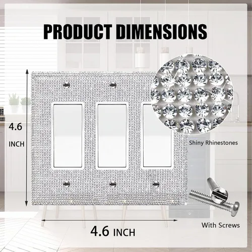 Vista 53 de Placa de pared con diamantes de imitación plateados brillantes plateados, placa de cubierta de interruptor de luz, cubierta de enchufe de grano