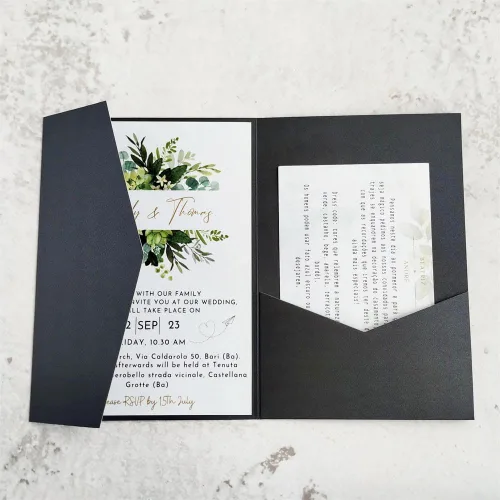 Vista 16 de Tarjeta de invitación negra con bolsillo y sobre para boda, cumpleaños, baby shower, 20 juegos (negro)