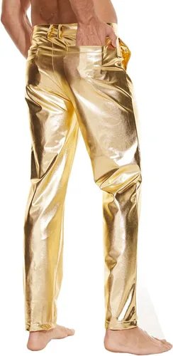 Vista 6 de Pantalones de discoteca metálicos brillantes para hombre, pantalones de cuero para fiesta de baile de estilo mojado, pantalones de cuero de los años