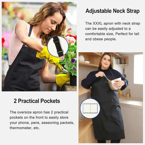 Vista 5 de Paquete de 2 delantales de talla grande, delantales de chef grandes negros con 2 bolsillos para hombres y mujeres, camarera, delantal de trabajo