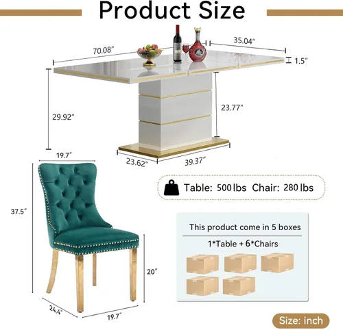 Vista 7 de Juego de mesa de comedor de alto brillo blanco de 70 pulgadas para 6, mesa de comedor rectangular moderna de 7 piezas y 6 sillas de terciopelo