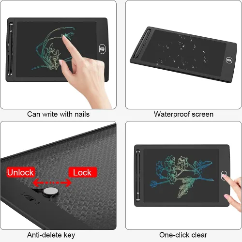 Vista 4 de Tableta de escritura LCD colorida reutilizable de 8.5 pulgadas, paquete de 2, bloc de notas con lápiz capacitivo, color negro