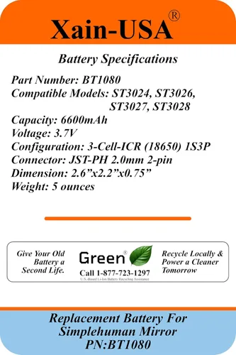 Vista 6 de Batería de repuesto PN: BT1080 para espejos Simplehuman (ST3024 ST3026 ST3027 ST3028), 3.7V 6600mAh, (por favor) Verifique el número de pieza BT1080