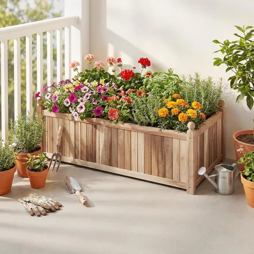 Vista 8 de HAPPYGRILL Cama de jardín elevada de madera, maceta rectangular de madera de acacia natural con forro y drenaje para hierbas de flores vegetales
