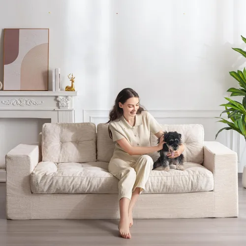 Vista 16 de MAXYOYO Sofá de 3 Plazas sin Estructura, Sofá Moderno Acolchado para Sala de Estar, Sillón Suave Tipo Puf de Espuma de Alta Densidad con Almohadas
