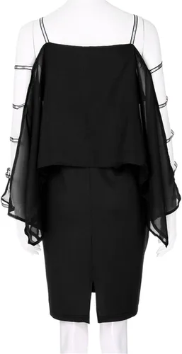Vista 4 de NIUQI Vestido de noche de gasa de color sólido para mujer con lentejuelas y hombros descubiertos cuello redondo manga capa
