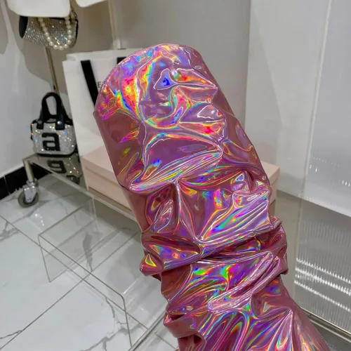 Vista 10 de Vertundy Botas altas hasta la rodilla metálicas con punta puntiaguda para mujer, botas altas de tacón alto de charol plisadas, botas largas plisadas