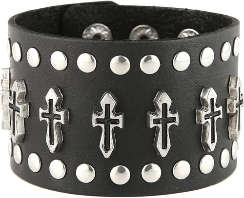 Vista 4 de STWTR Negro remaches de metal tachuelas punk rock biker cinturón ancho cuero pulsera guardia correa de muñeca calavera