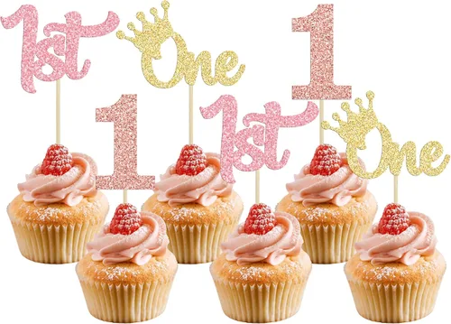 Vista 22 de 24 adornos para cupcakes de primer cumpleaños con purpurina para decoración de pastel de primer cumpleaños, selecciones de cupcakes para niños, baby