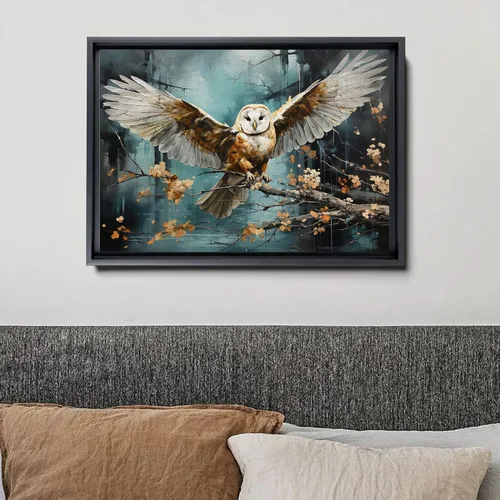 Vista 4 de Flying owl with trees, leaves, forest double exposure, nature animal, owl illusion art, wrapped framed canvas print, office wall art