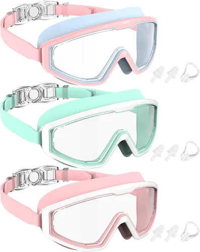 Vista 17 de NSSIW Gafas de natación para niños, antiniebla, sin fugas, con clip para la nariz, tapones para los oídos para niñas, niños y jóvenes, 6-14, paquete