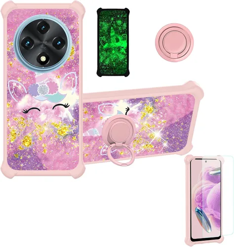 Vista 109 de jioeuinly Funda compatible con Oukitel P1 Pro con protector de pantalla de vidrio templado, policarbonato duro + silicona suave, soporte de anillo