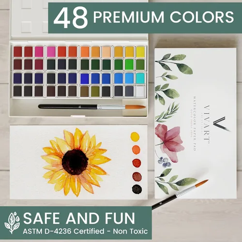 Vista 3 de Vivart Juego de acuarelas prémium de 48 colores para adultos y principiantes – 48 medias sartenes vívidas, 2 pinceles de calidad artística